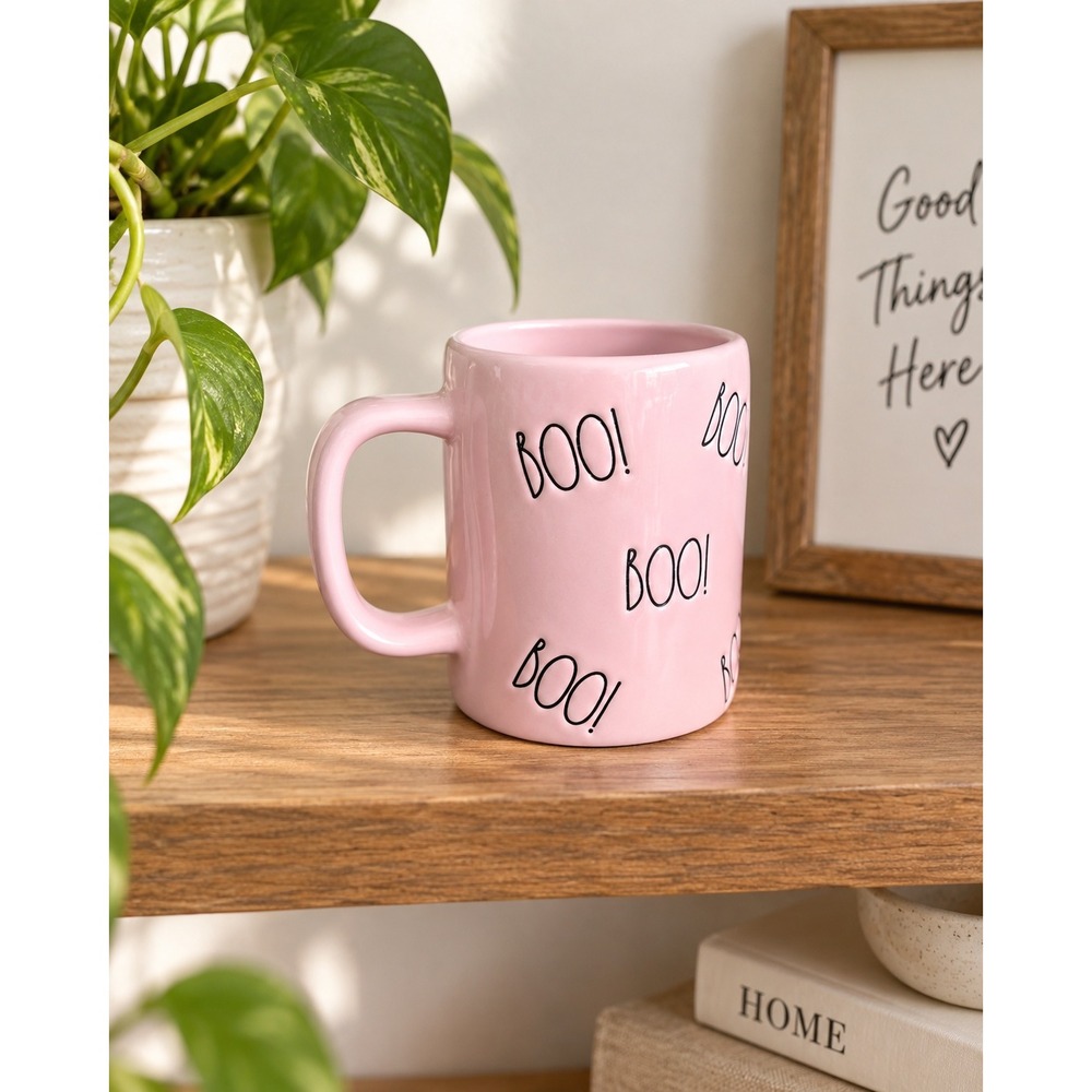 Pink BOO Halloween Mug Black Lettering Spooky Season Coffee Cup Cute Ghost Decor
